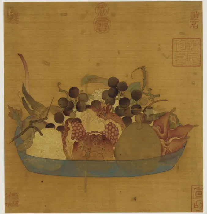 Framed Print : A blue glass dish filled with fruit, Ming dynasty, 1368-1644. Creator: Unknown Framed Print : A blue glass dish filled with fruit, Ming dynasty, 1368-1644. Creator: Unknown