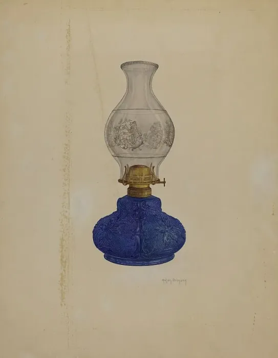 Framed Print : Blue Glass Lamp, c. 1937. Creator: Helen Bronson Framed Print : Blue Glass Lamp, c. 1937. Creator: Helen Bronson