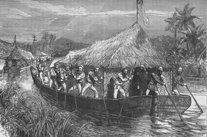 Framed Print : Blue-Jackets and Marine Poling the British Troops Up The River Perak, c1880. Artist: CR Framed Print : Blue-Jackets and Marine Poling the British Troops Up The River Perak, c1880. Artist: CR