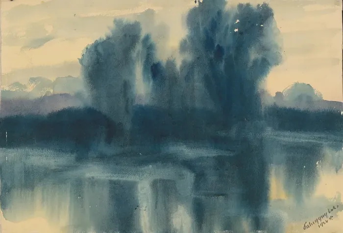 Framed Print : Blue mood over the lake, 1922. Creator: Zolo Palugyay Framed Print : Blue mood over the lake, 1922. Creator: Zolo Palugyay
