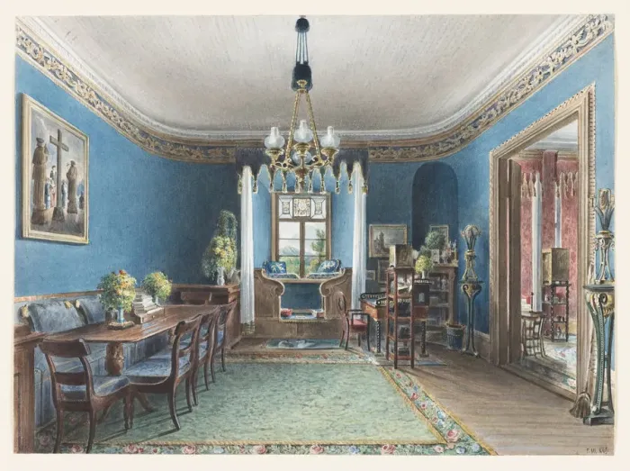 Framed Print : The Blue Room, Schloss Fischbach, 1846. Artist: Klose, Friedrich Wilhelm (1804-1863) Framed Print : The Blue Room, Schloss Fischbach, 1846. Artist: Klose, Friedrich Wilhelm (1804-1863)