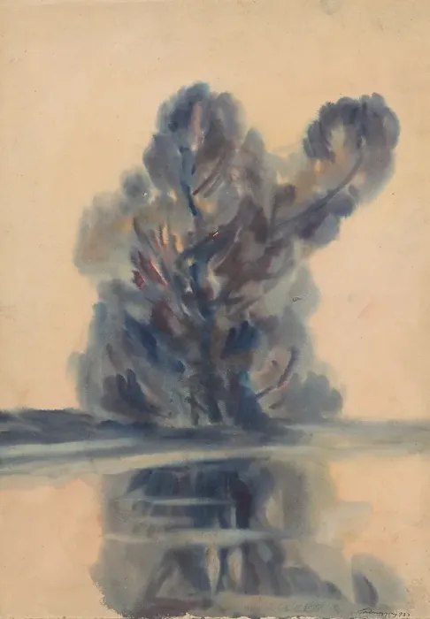 Framed Print : Blue tree over the lake, 1931. Creator: Zolo Palugyay Framed Print : Blue tree over the lake, 1931. Creator: Zolo Palugyay