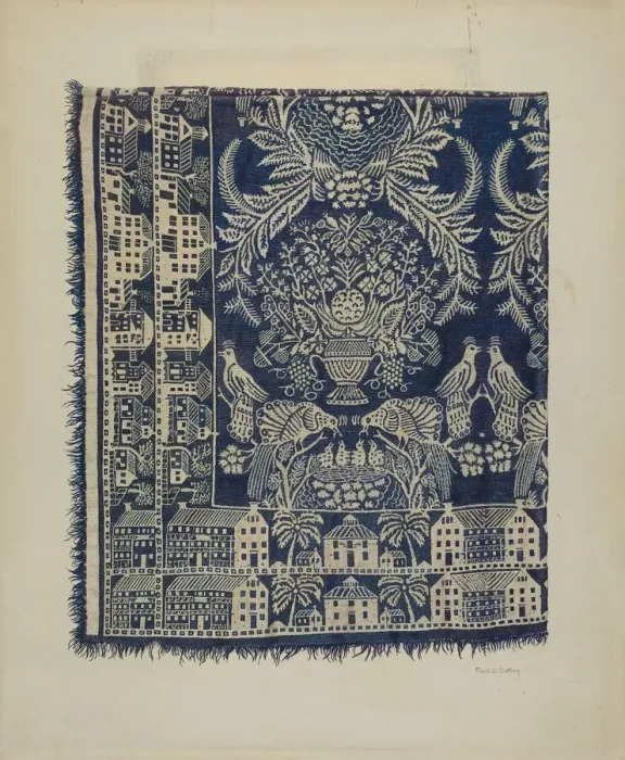 Framed Print : Blue and White Woolen Coverlet, c. 1938. Creator: Frank Gutting Framed Print : Blue and White Woolen Coverlet, c. 1938. Creator: Frank Gutting