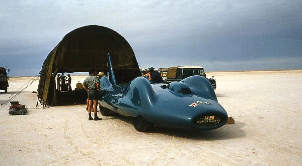 Bluebird CN7 in temporary canvas hangar for World Record attempt, Lake Eyre, Australia