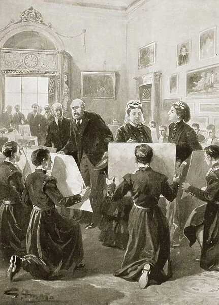 Bluecoat schoolboys showing their drawings to Queen Victoria, 3 April 1873 (1901)