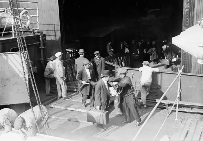 Framed Print : Boarding the MADONNA, 1912. Creator: Bain News Service Framed Print : Boarding the MADONNA, 1912. Creator: Bain News Service