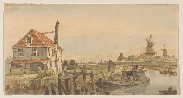 Framed Print : Boat on a canal, a house and two windmills, 1801-1873. Creator: George Pieter Westenberg
