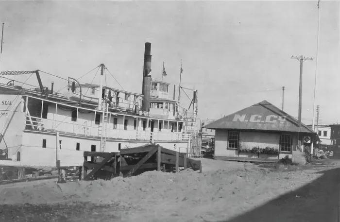 Framed Print : Boat docked at N.C. Co. between c1900 and 1916. Creator: Unknown Framed Print : Boat docked at N.C. Co. between c1900 and 1916. Creator: Unknown