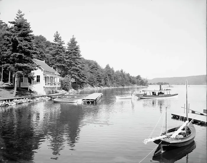 Framed Print : Boat house at Rogers Rock, Lake George, N.Y. between 1900 and 1910. Creator: William H. Jackson