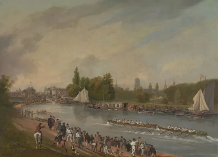Framed Print : A Boat Race on the River Isis, Oxford, 1822. Creator: John Whessell Framed Print : A Boat Race on the River Isis, Oxford, 1822. Creator: John Whessell