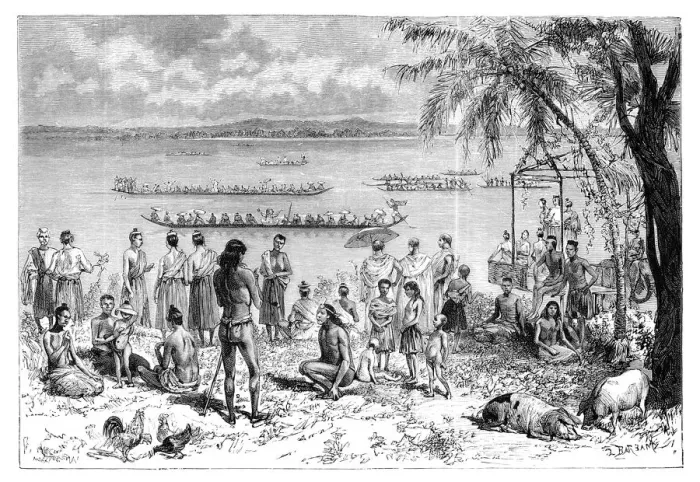 Framed Print : Boat racing on the Mekong, 1895. Artist: Charles Barbant Framed Print : Boat racing on the Mekong, 1895. Artist: Charles Barbant