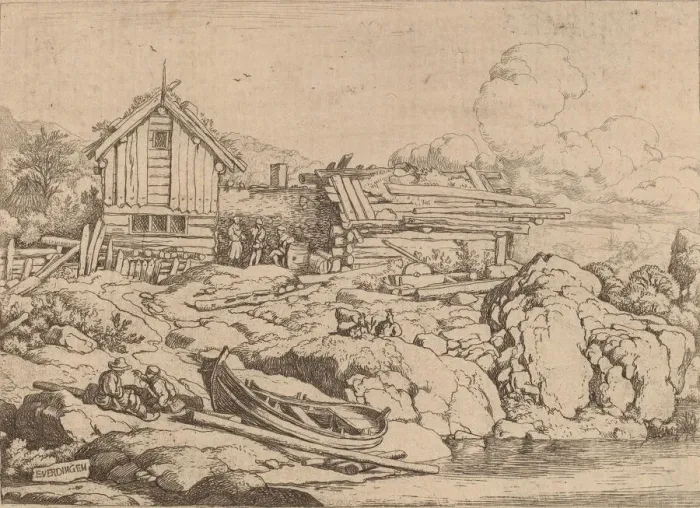 Framed Print : Boat at a River Bank with Three Goats, probably c. 1645 / 1656 Framed Print : Boat at a River Bank with Three Goats, probably c. 1645 / 1656