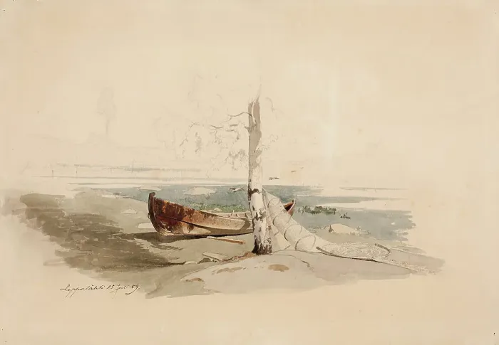 Framed Print : A boat on the shore, 1859. Creator: Werner Holmberg Framed Print : A boat on the shore, 1859. Creator: Werner Holmberg
