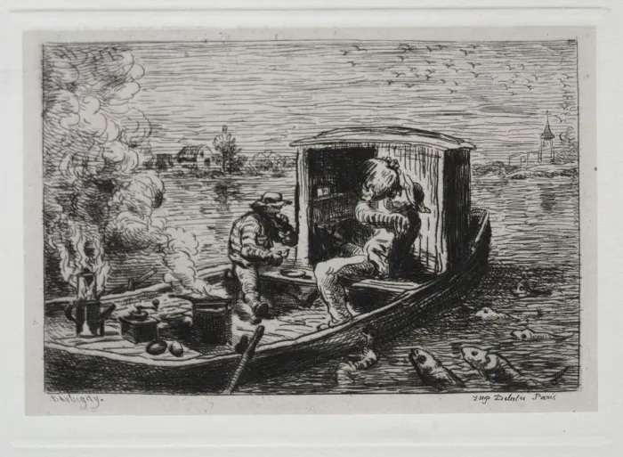 Framed Print : The Boat Trip: Guzzling or Lunch on the Boat, 1861. Creator: Charles Francois Daubigny Framed Print : The Boat Trip: Guzzling or Lunch on the Boat, 1861. Creator: Charles Francois Daubigny