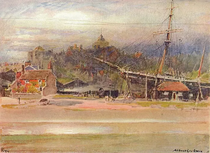 Framed Print : Boatbuilders Yard, Rye, 1910. Artist: Albert Goodwin Framed Print : Boatbuilders Yard, Rye, 1910. Artist: Albert Goodwin