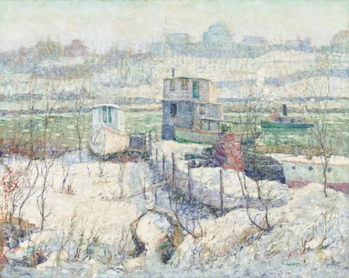 Framed Print : Boathouse, Winter, Harlem River, c. 1916. Creator: Ernest Lawson Framed Print : Boathouse, Winter, Harlem River, c. 1916. Creator: Ernest Lawson