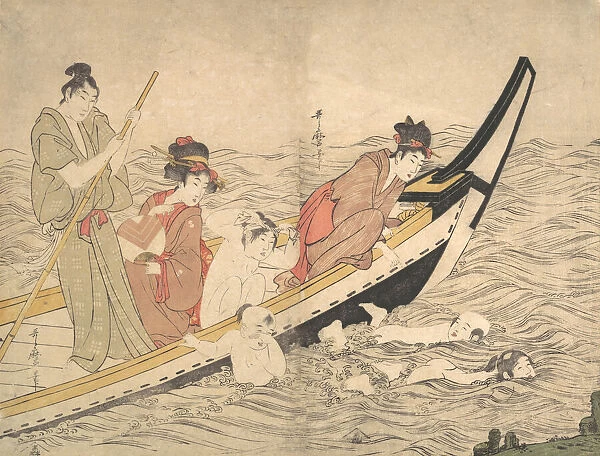 Boating Party with Children Swimming, late 18th century. Creator: Kitagawa Utamaro