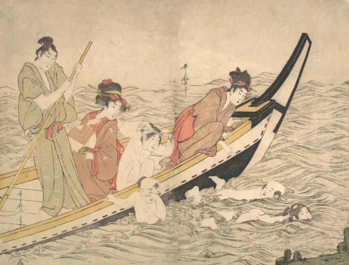 Framed Print : Boating Party with Children Swimming, late 18th century. Creator: Kitagawa Utamaro Framed Print : Boating Party with Children Swimming, late 18th century. Creator: Kitagawa Utamaro