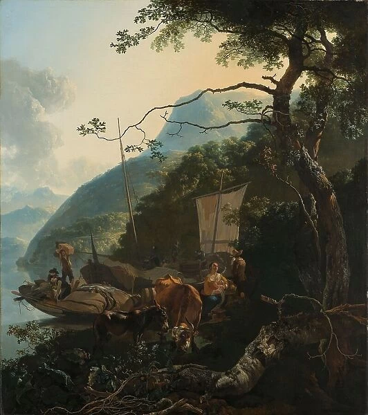 Boatmen Moored on the Shore of an Italian Lake, 1650-1670. Creator: Adam Pynacker