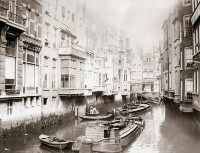 Framed Print : Boats on the canal, Amsterdam, 1898. Artist: James Batkin Framed Print : Boats on the canal, Amsterdam, 1898. Artist: James Batkin