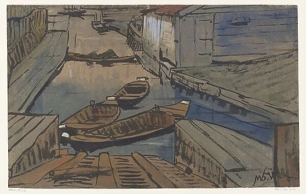 Boats on a canal between buildings, 1867-1935. Creator: Maurits Willem van der Valk