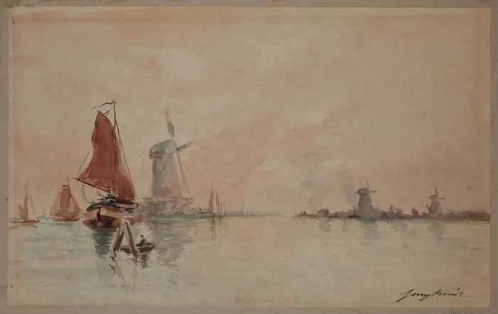 Framed Print : Boats on a Canal and Windmills near Dordrecht, c1920. Creator: School of Johan Barthold Jongkind Framed Print : Boats on a Canal and Windmills near Dordrecht, c1920. Creator: School of Johan Barthold Jongkind