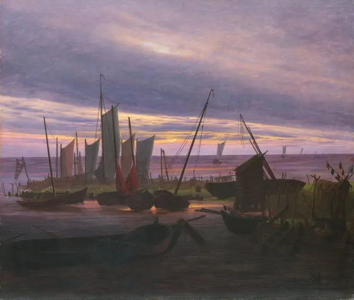 Framed Print : Boats in the Harbour at Evening, c. 1828. Artist: Friedrich, Caspar David (1774-1840) Framed Print : Boats in the Harbour at Evening, c. 1828. Artist: Friedrich, Caspar David (1774-1840)