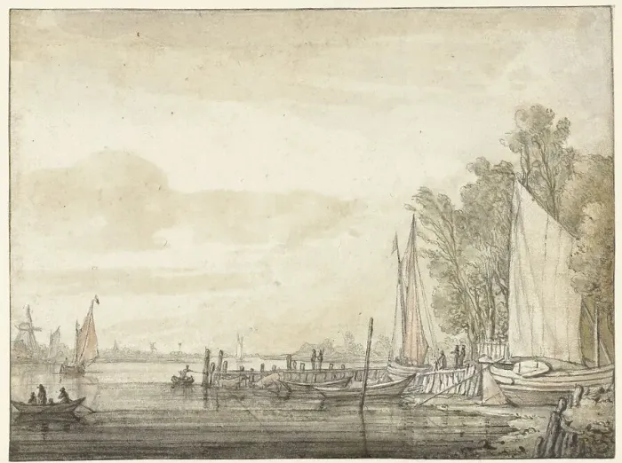 Framed Print : Boats at a jetty in a river, 1641-1642. Creator: Aelbert Cuyp