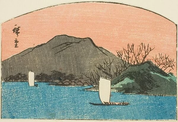 Boats on lake, section of an untitled harimaze print, c. 1850. Creator: Ando Hiroshige