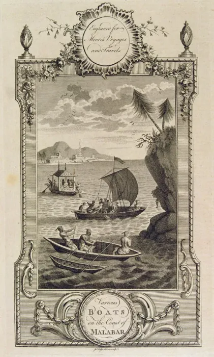 Framed Print : Boats on the Malabar coast, engraving in the work Voyages and Travels by John Hamilton Moore Framed Print : Boats on the Malabar coast, engraving in the work Voyages and Travels by John Hamilton Moore