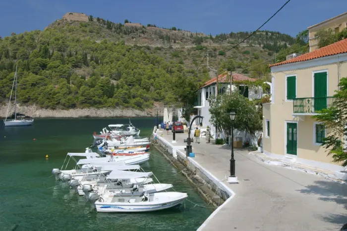 Framed Print : Boats at the quayside, Assos, Kefalonia, Greece