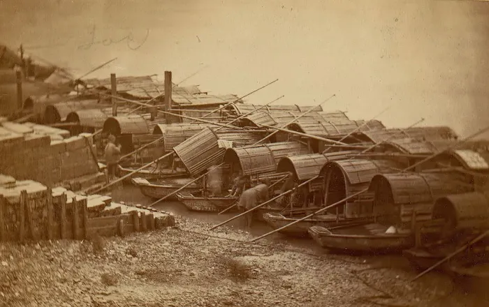 Framed Print : Boats Along Riverbank, 1870s. Creator: Unknown Framed Print : Boats Along Riverbank, 1870s. Creator: Unknown