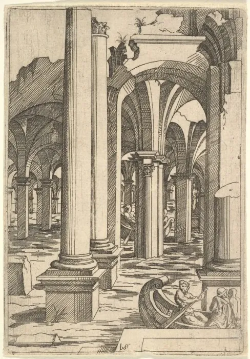 Framed Print : Boats Rowed Through Inundated Ruins, ca. 1550-62. Creator: Virgil Solis Framed Print : Boats Rowed Through Inundated Ruins, ca. 1550-62. Creator: Virgil Solis