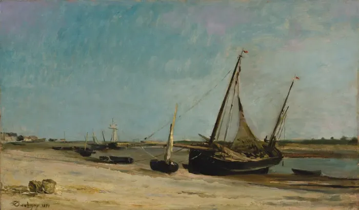 Framed Print : Boats on the Seacoast at Etaples, 1871. Creator: Charles Francois Daubigny