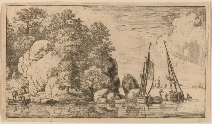 Framed Print : Two Boats on a Wide River, probably c. 1645 / 1656. Creator: Allart van Everdingen Framed Print : Two Boats on a Wide River, probably c. 1645 / 1656. Creator: Allart van Everdingen