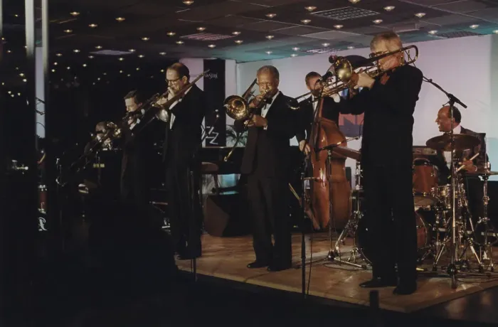 Framed Print : Bob Brookmeyer, Jimmy Knepper and Slide Hampton, Jazz Inn Party, Nordwijk, Netherlands, 1989. Creator: Brian Foskett Framed Print : Bob Brookmeyer, Jimmy Knepper and Slide Hampton, Jazz Inn Party, Nordwijk, Netherlands, 1989. Creator: Brian Foskett