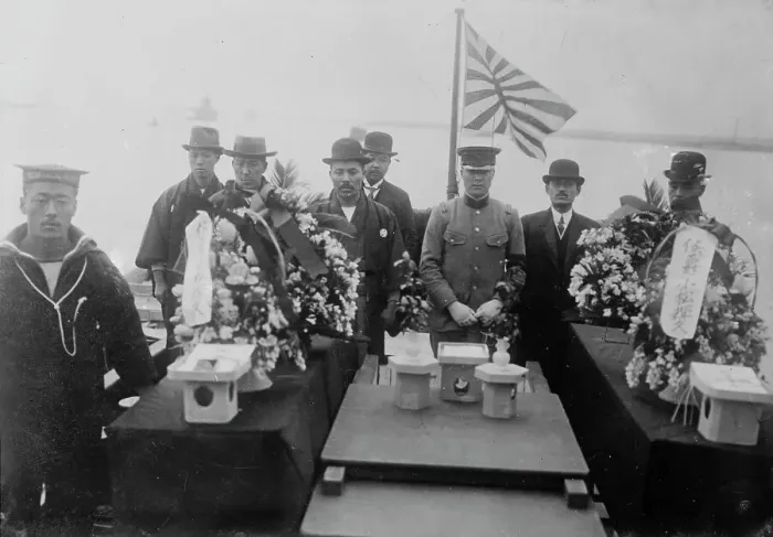 Framed Print : Bodies of Japanese Navy aviators killed by a fall, on torpedo boat, between c1915 and c1920. Creator: Bain News Service Framed Print : Bodies of Japanese Navy aviators killed by a fall, on torpedo boat, between c1915 and c1920. Creator: Bain News Service