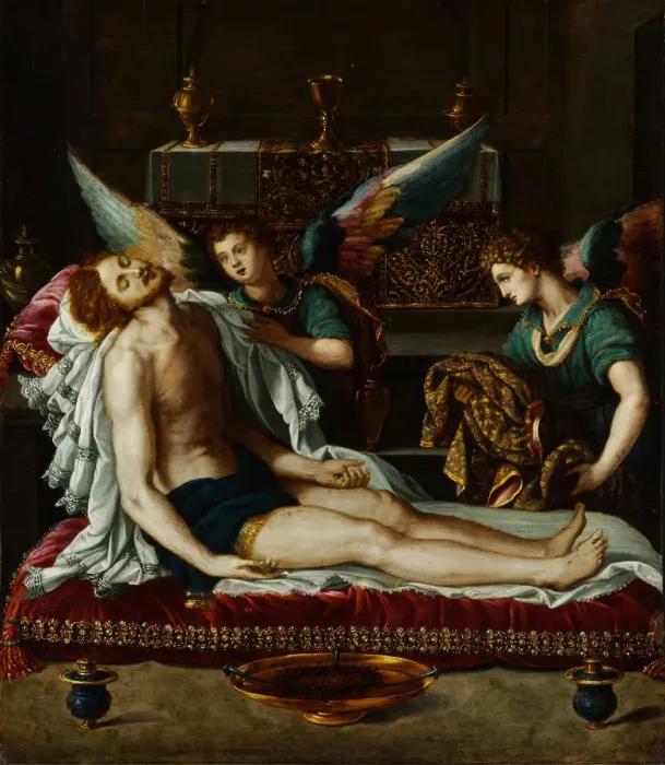 Framed Print : The Body of Christ Anointed by Two Angels. Artist: Allori, Alessandro (1535-1607) Framed Print : The Body of Christ Anointed by Two Angels. Artist: Allori, Alessandro (1535-1607)