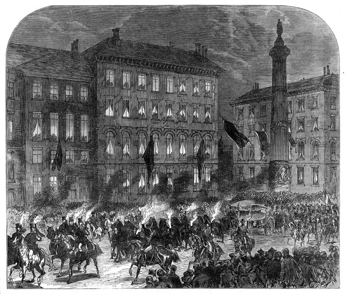 Framed Print : The body of the late King of the Belgians taken into Brussels by torchlight, 1865. Creator: Unknown Framed Print : The body of the late King of the Belgians taken into Brussels by torchlight, 1865. Creator: Unknown