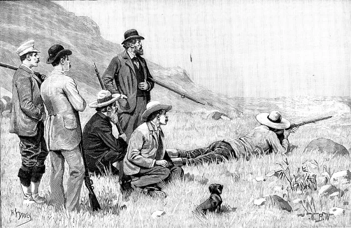 Framed Print : Boer and British Shots: a friendly trial of skill in Swaziland, 1890. Creator: H. F. Davey Framed Print : Boer and British Shots: a friendly trial of skill in Swaziland, 1890. Creator: H. F. Davey