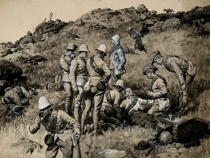 Framed Print : Boer War: British soldiers tending wounded Boers in an early stage of the Battle of Spion Kop, 1900. Creator: Henry Marriott Paget Framed Print : Boer War: British soldiers tending wounded Boers in an early stage of the Battle of Spion Kop, 1900. Creator: Henry Marriott Paget