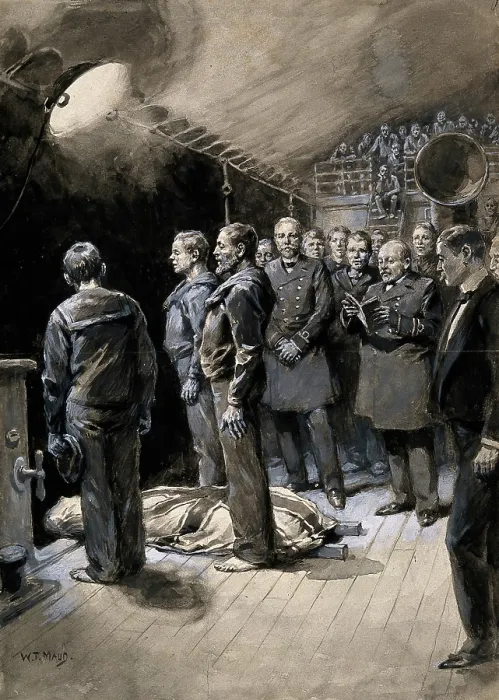 Framed Print : Boer War: a funeral on board a ship at night with officers and crew standing round the body, 1899. Creator: William T Maud Framed Print : Boer War: a funeral on board a ship at night with officers and crew standing round the body, 1899. Creator: William T Maud