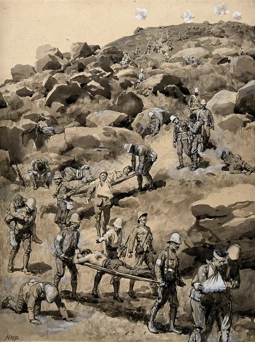 Framed Print : Boer War: removing the wounded after the Battle of Spion Kop, 1900. Creator: Henry Marriott Paget Framed Print : Boer War: removing the wounded after the Battle of Spion Kop, 1900. Creator: Henry Marriott Paget
