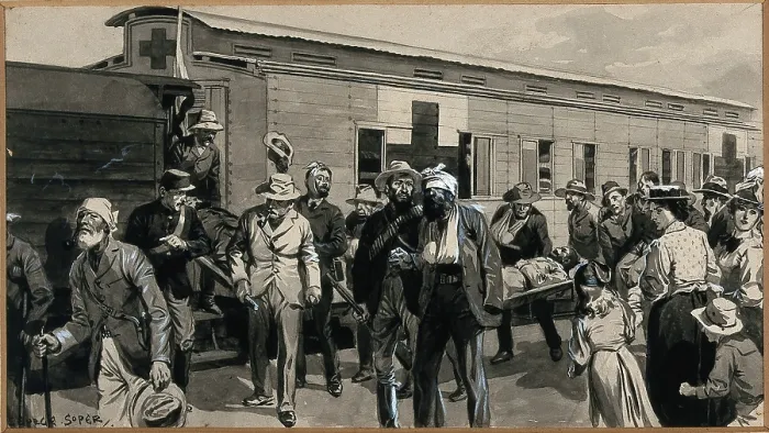 Framed Print : Boer War: wounded Boers are getting off a train, and one is being carried on a stretcher, 1900. Creator: George Soper