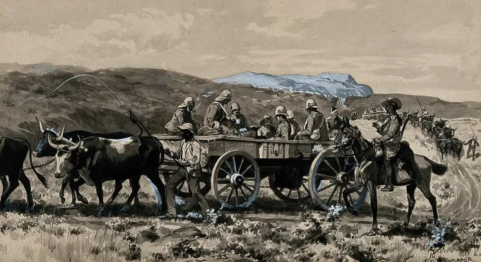 Framed Print : Boer War: wounded men transported in an ambulance cart drawn by oxen, 1900. Creator: George Soper Framed Print : Boer War: wounded men transported in an ambulance cart drawn by oxen, 1900. Creator: George Soper