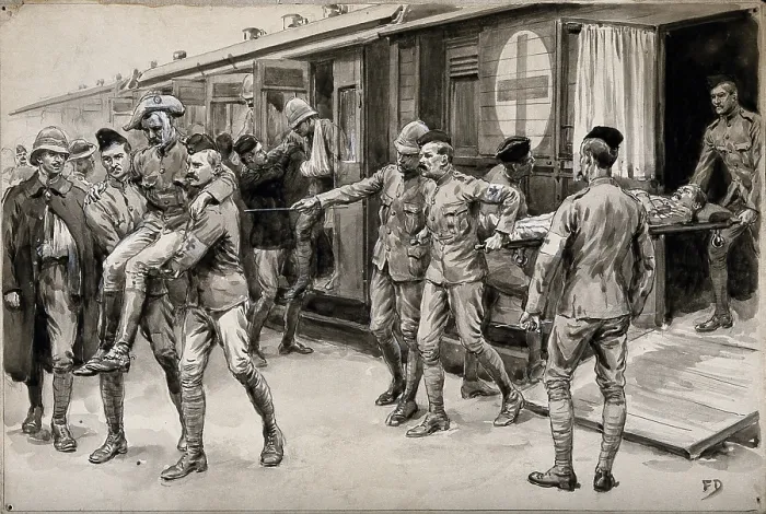 Framed Print : Boer War: wounded soldiers being escorted off the hospital train at Durban from Ladysmith, 1899. Creator: Frank Dadd Framed Print : Boer War: wounded soldiers being escorted off the hospital train at Durban from Ladysmith, 1899. Creator: Frank Dadd