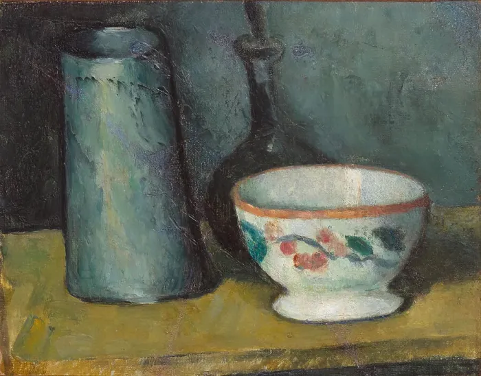 Framed Print : Bol, boîte à lait et bouteille (Bowl, milk jug and bottle), 1879-1880. Creator: Cézanne, Paul (1839-1906) Framed Print : Bol, boîte à lait et bouteille (Bowl, milk jug and bottle), 1879-1880. Creator: Cézanne, Paul (1839-1906)
