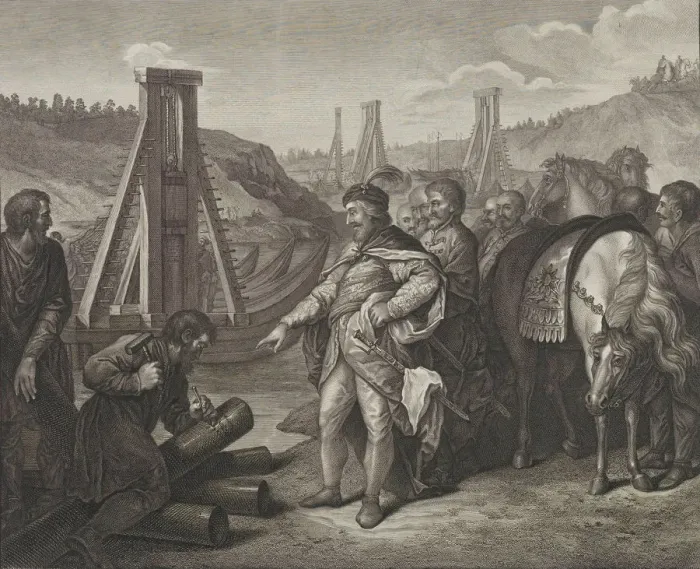 Framed Print : Boleslaw I of Poland sticks frontier poles in Elbe and Saale rivers, Late 18th century Framed Print : Boleslaw I of Poland sticks frontier poles in Elbe and Saale rivers, Late 18th century