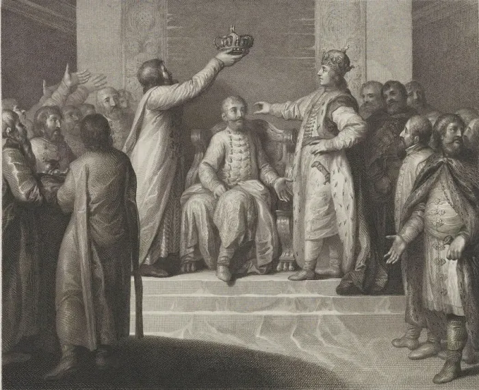 Framed Print : Boleslaw II puts Bela I on Hungarys throne, Late 18th century Framed Print : Boleslaw II puts Bela I on Hungarys throne, Late 18th century