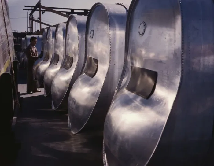 Framed Print : Bomb bay gasoline tanks for long flights... North American Aviation, Inc. Inglewood, Calif. 1942. Creator: Alfred T Palmer Framed Print : Bomb bay gasoline tanks for long flights... North American Aviation, Inc. Inglewood, Calif. 1942. Creator: Alfred T Palmer
